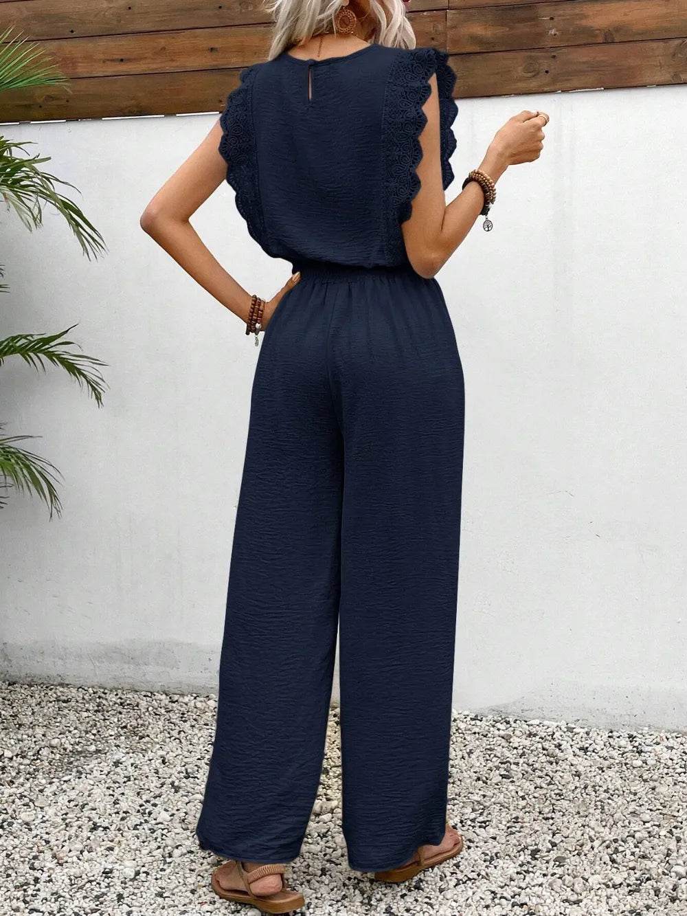 Lace Trim Round Neck Top and Pants Set - EBYNN