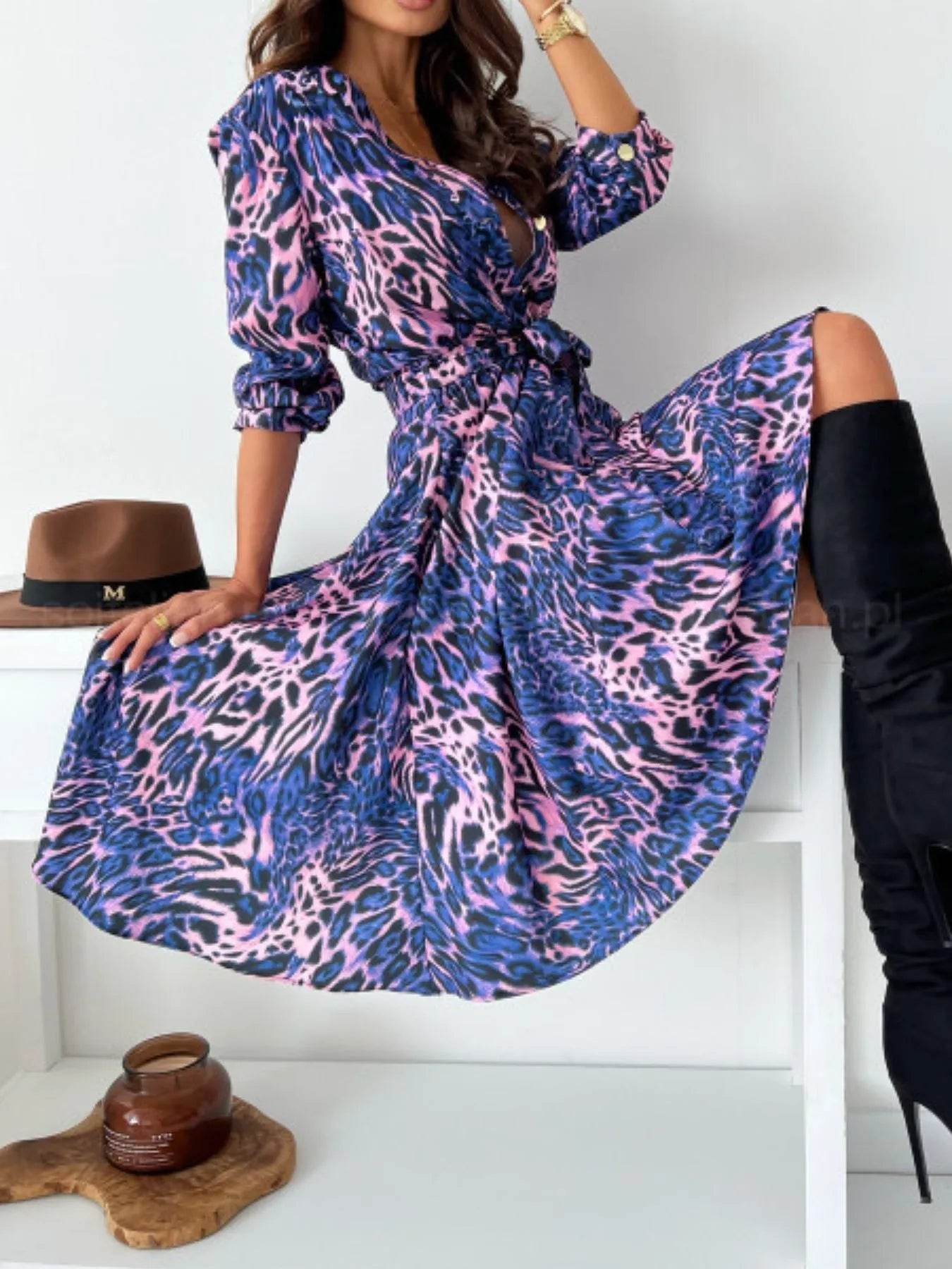 Printed Tie Waist Midi Dress.