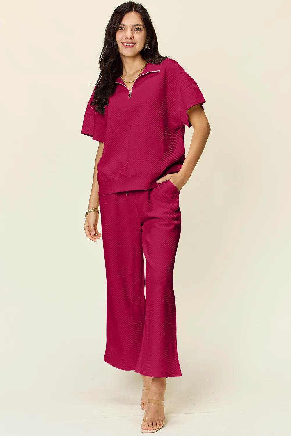 Double Take Texture Set: Full Size Half Zip Top & Pants Set - EBYNN