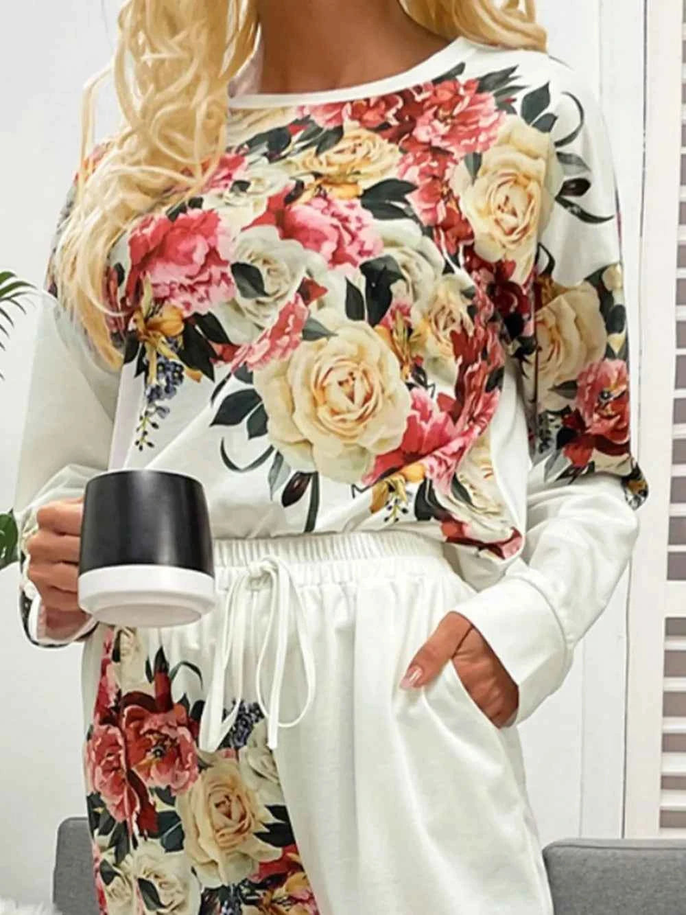 Shiny Printed Round Neck Top and Pants Lounge Set.