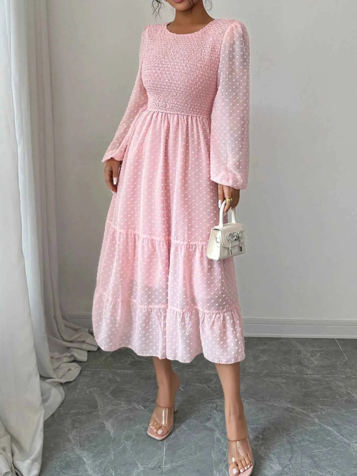 Polka Dot Long Sleeve Tiered Midi Dress.