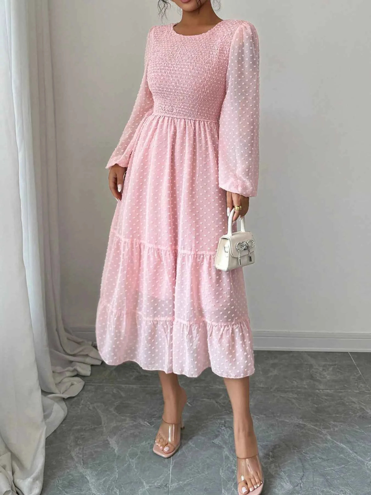 Polka Dot Long Sleeve Tiered Midi Dress.