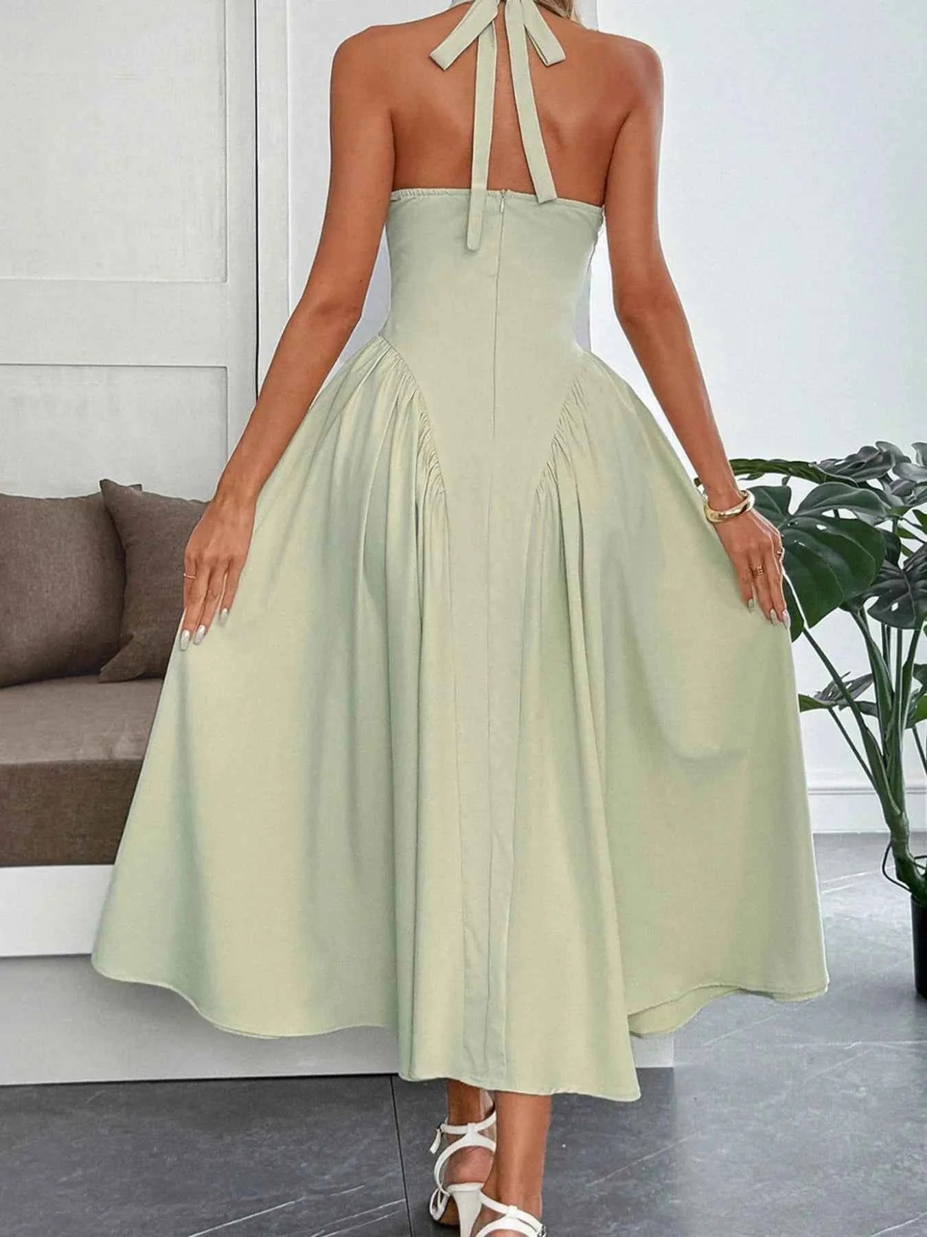 Halter Neck Ruched Midi Dress.