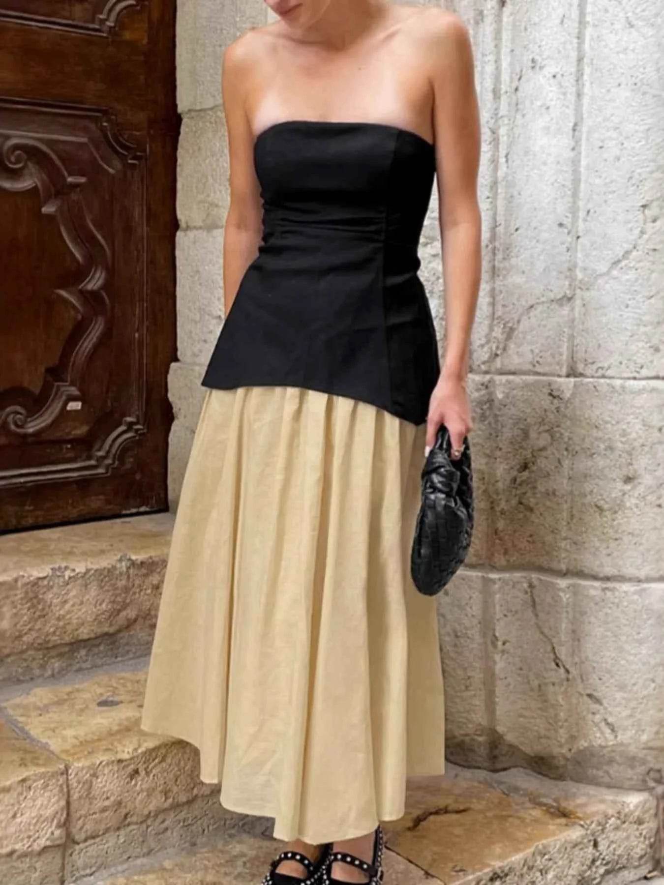 Back Zipper Tube Top Set with Midi Skirt for Effortless Style - EBYNN