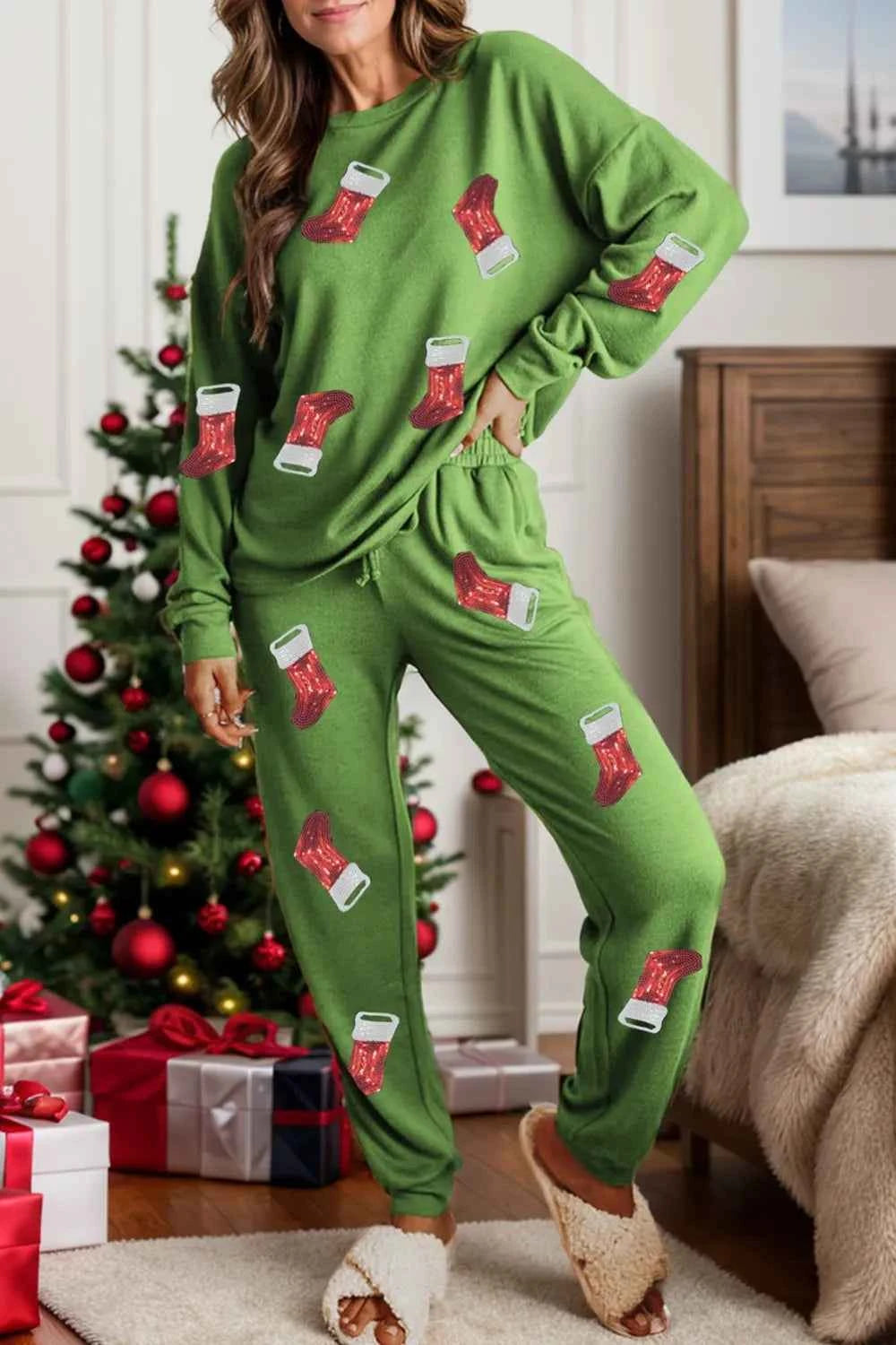 Sequin Lounge Set with Long Sleeve Top and Pants.
