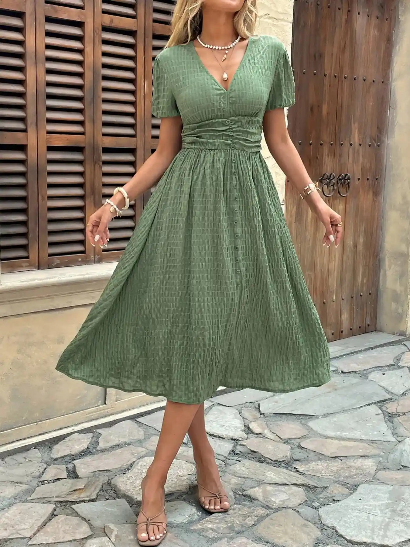 Textured V-Neck Short Sleeve Dress.