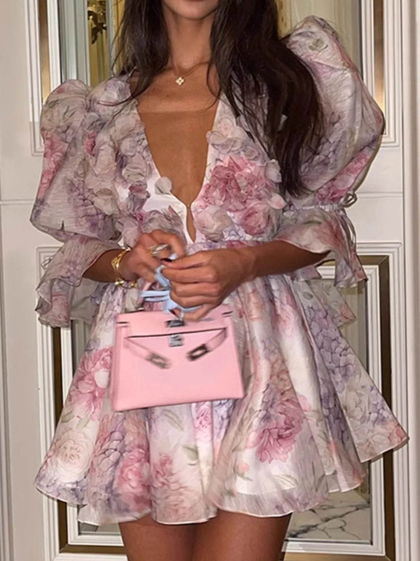 Floral Print Ruffled Mini Dress with Deep V-Neck.