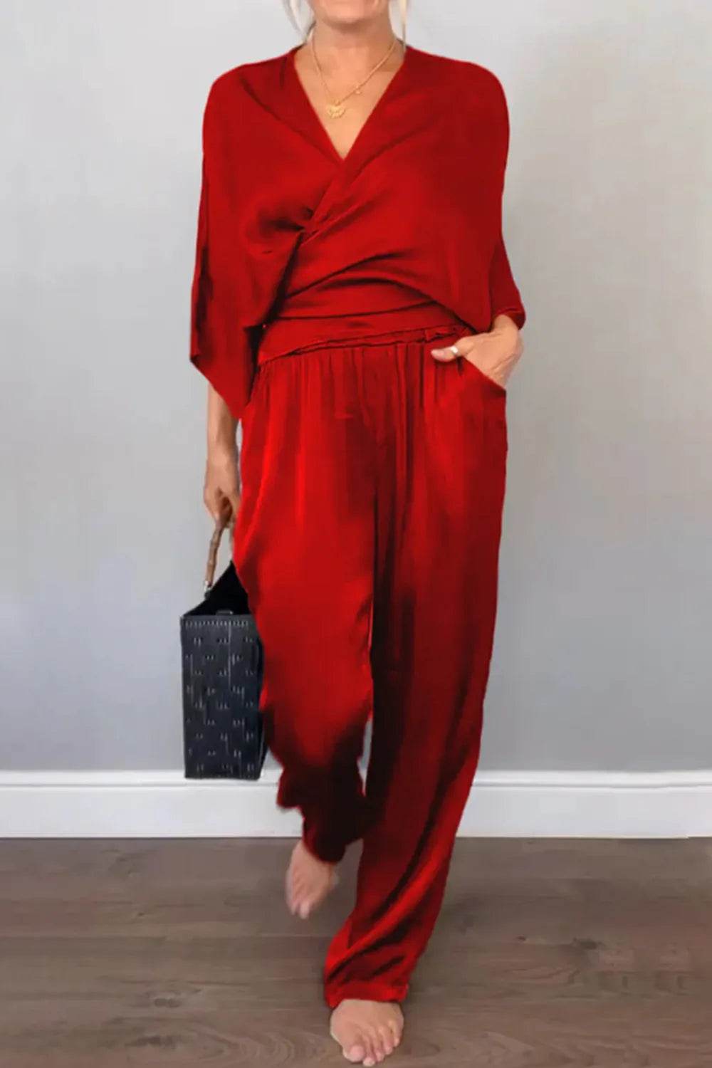 Plus Size Wrap Set - Stylish Surplice Top and Pants for Effortless Elegance - EBYNN