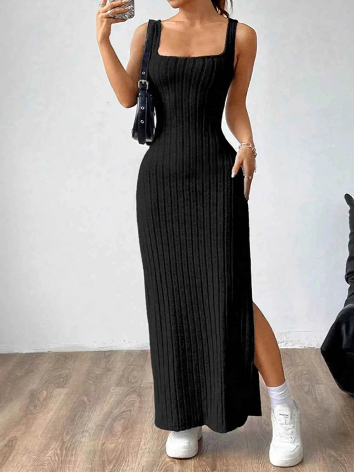 Cutout Square Neck Wide Strap Knit Dress.