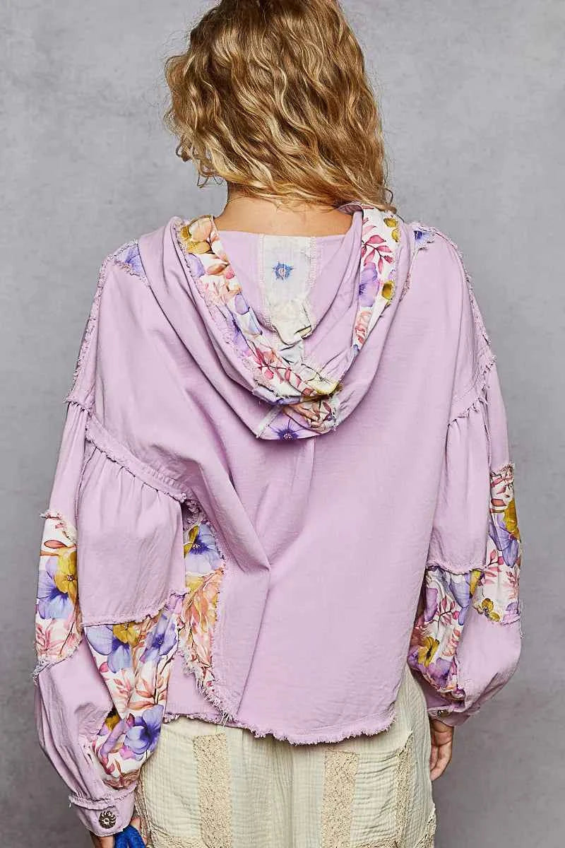 POL Floral Print Cropped Hooded Jacket with Raw Hem.