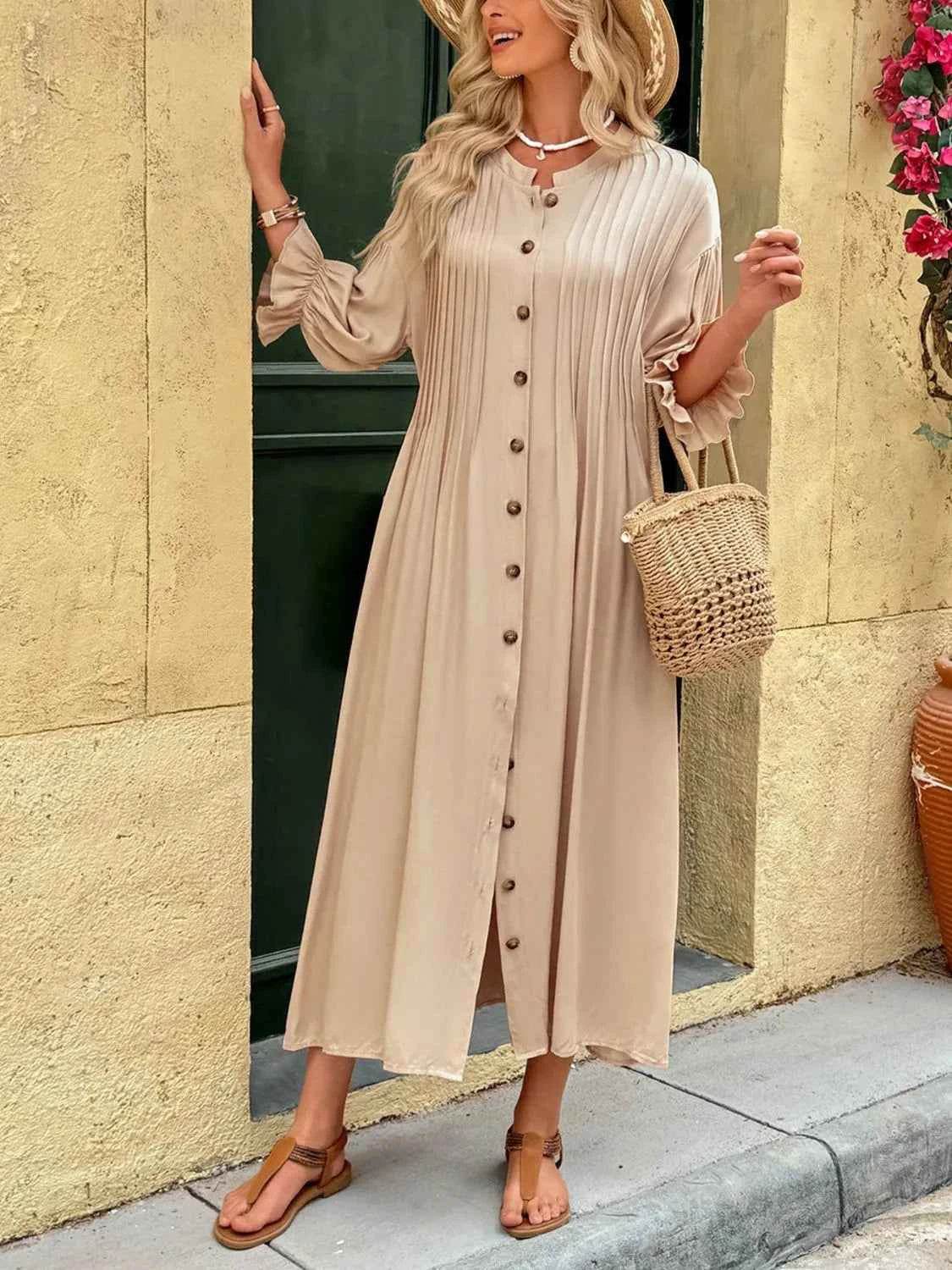 Button Front Flounce Sleeve Dress.