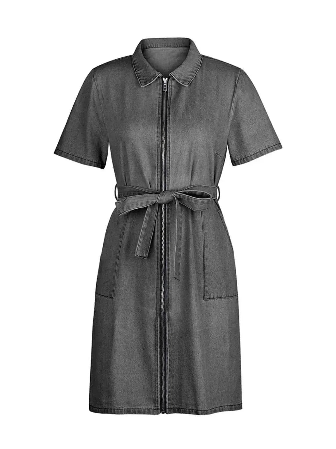 Plus Size Zip Front Short Sleeve Denim Dress.