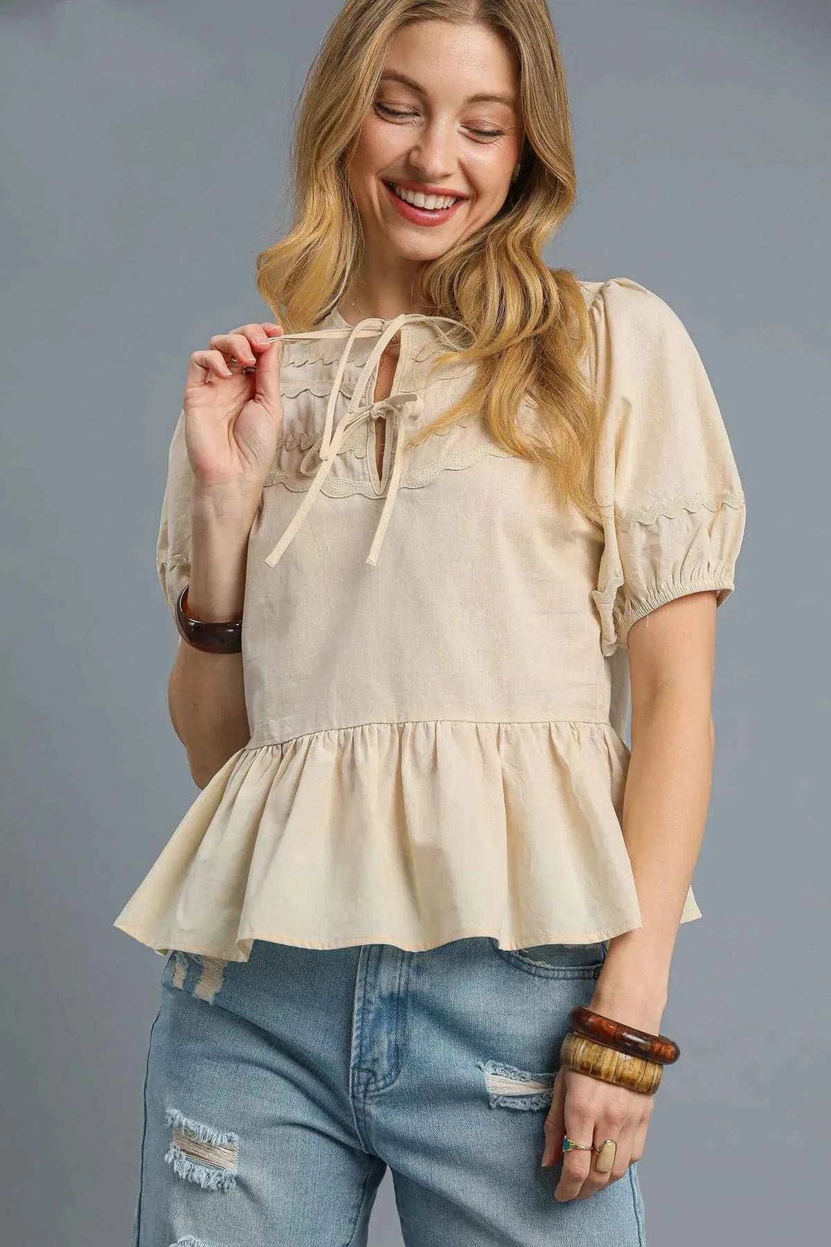 Umgee Tie Front Puff Sleeve Peplum Blouse.