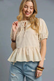 Umgee Tie Front Puff Sleeve Peplum Blouse.