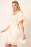 Metallic Organza Balloon Sleeve Mini Dress.