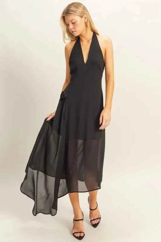 HYFVE Chiffon Halter Asymmetrical Hem Dress.