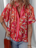Abstract Striped Blouse with Trim and Split Neck Design - EBYNN