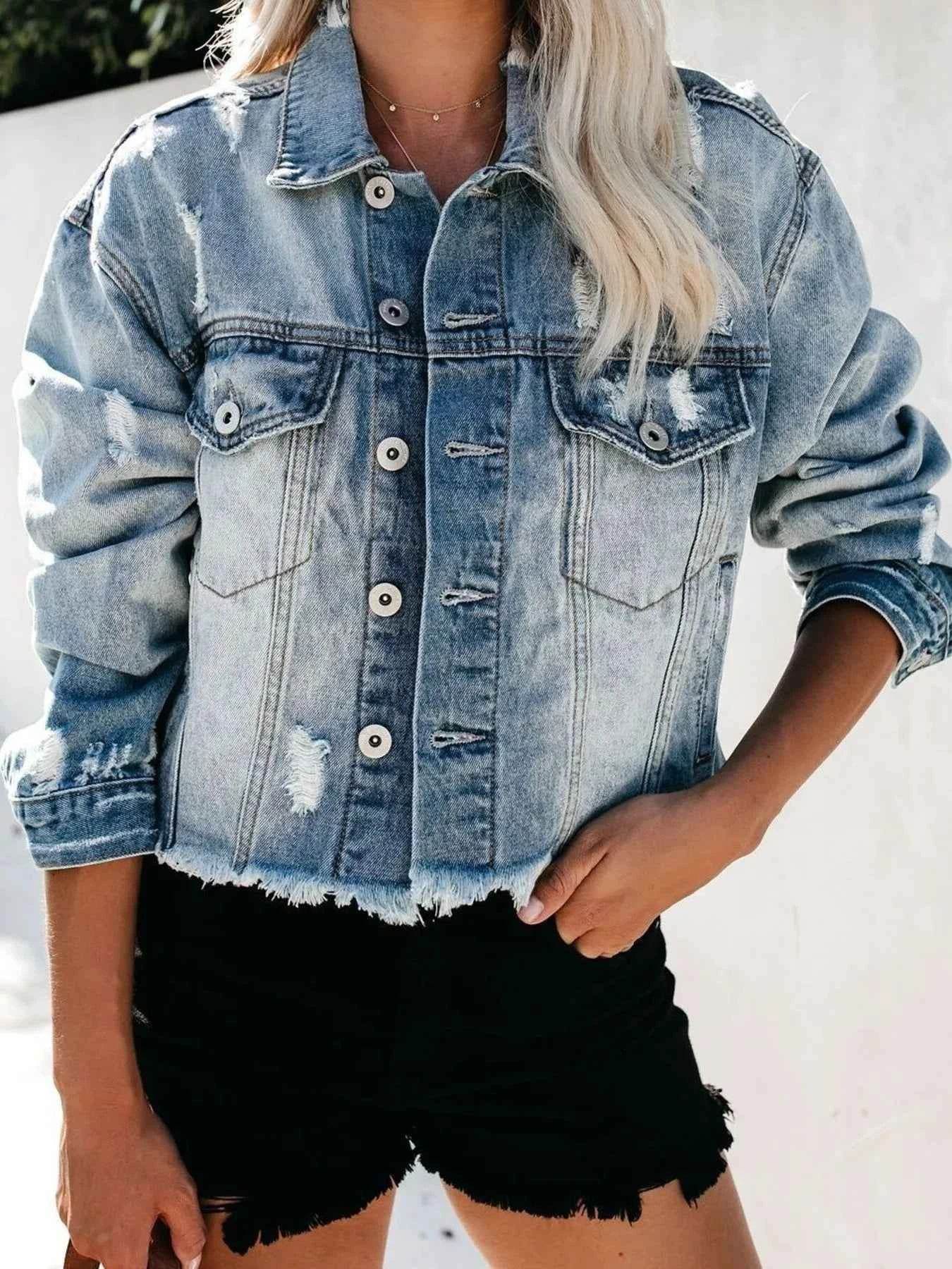 Distressed Raw Hem Denim Jacket.