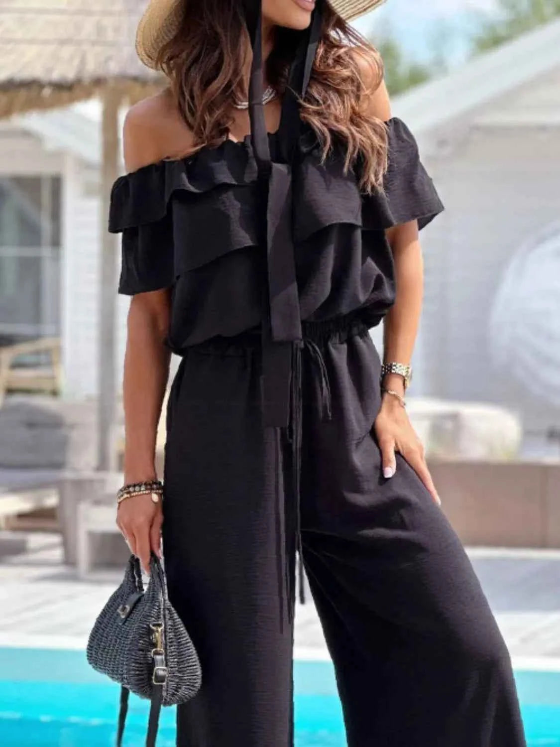 Off-Shoulder Ruffled Wide Leg Jumpsuit.