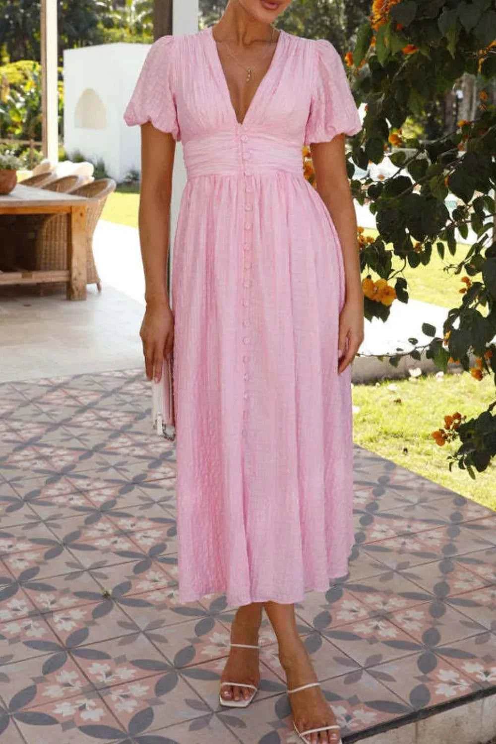 V-Neck Puff Short Sleeve Midi Dress.