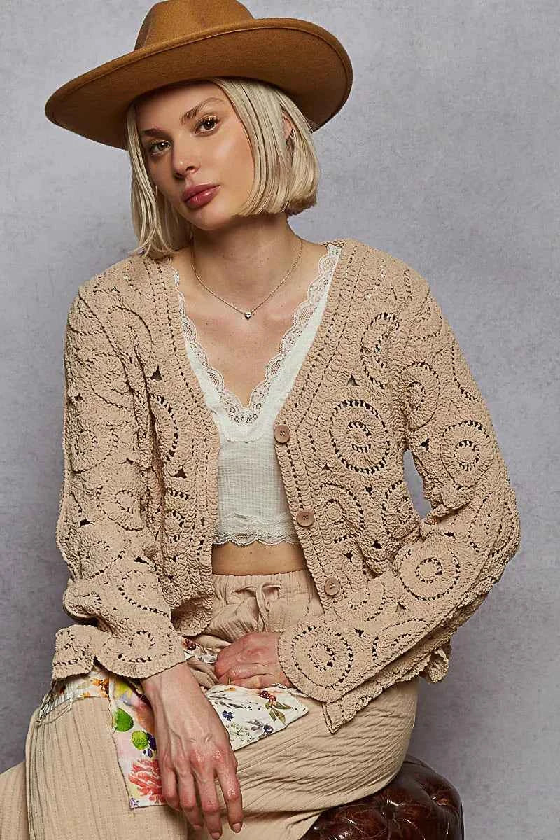 Button Down V-Neck Crochet Cardigan.