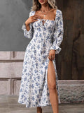 Floral Print Square Neck Dress with Flounce Sleeves.