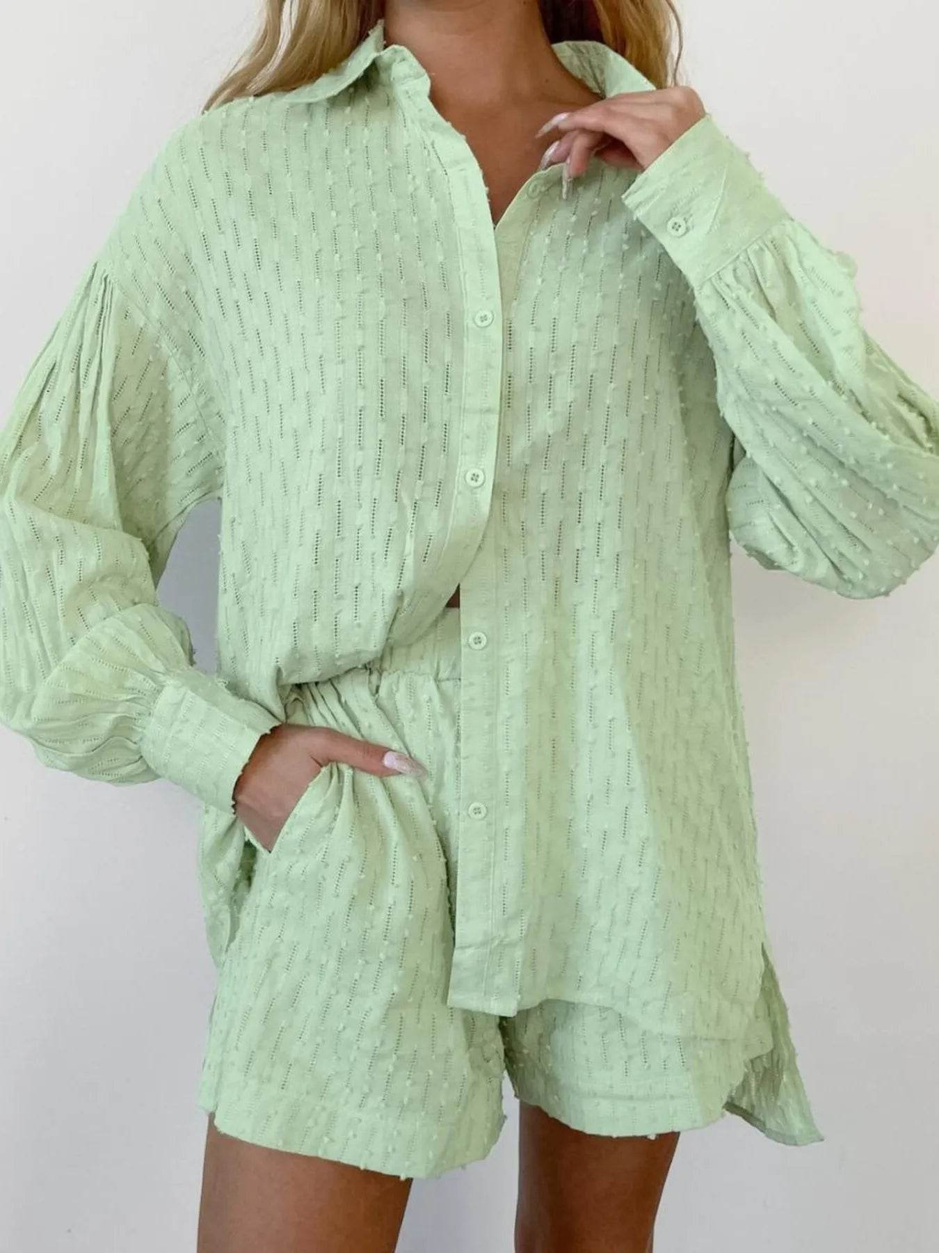Textured Button-Up Shirt and Shorts Set - EBYNN