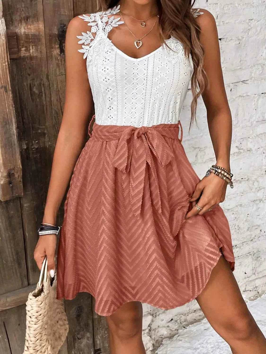 Lace Detail Tie Waist Mini Cami Dress.