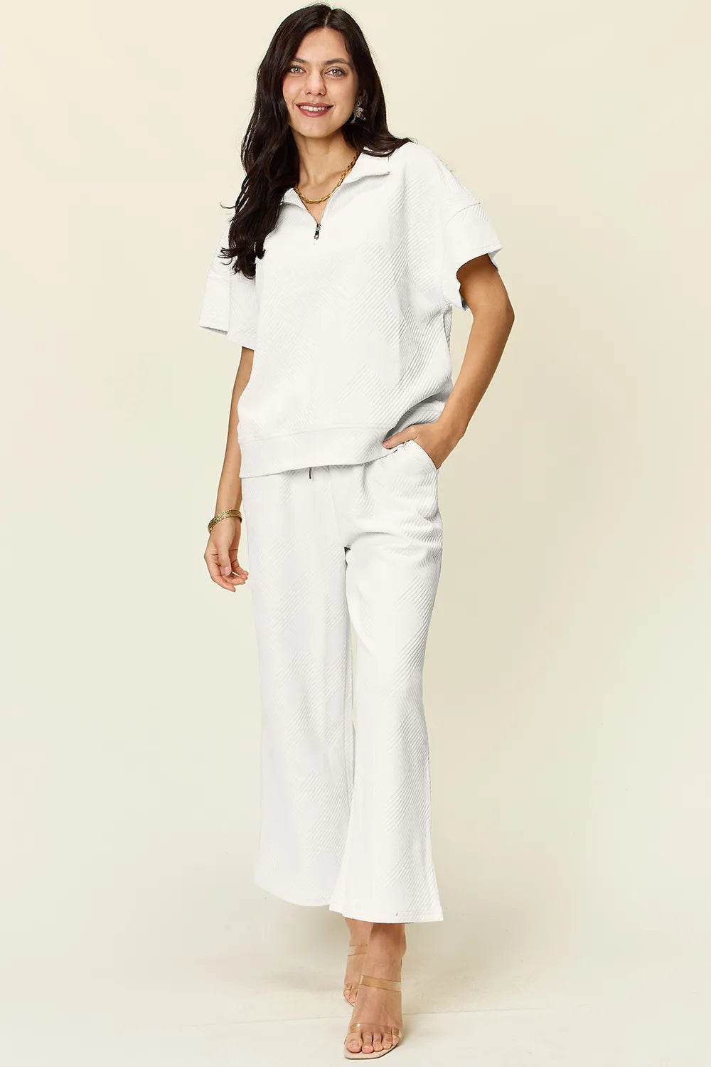 Double Take Texture Half Zip Set with Full Size Top and Pants - EBYNN