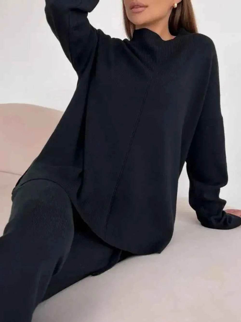 Slit Mock Neck Top and Pants Sweater Set - EBYNN