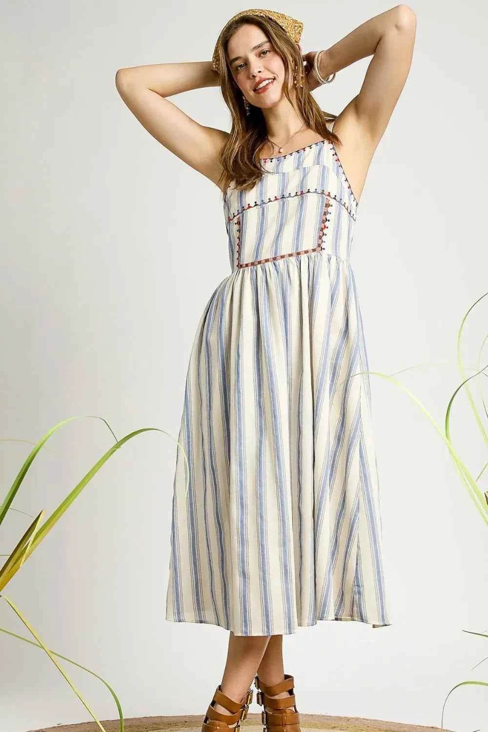 Umgee Striped Cami Dress with Colorful Embroidered Trim - EBYNN