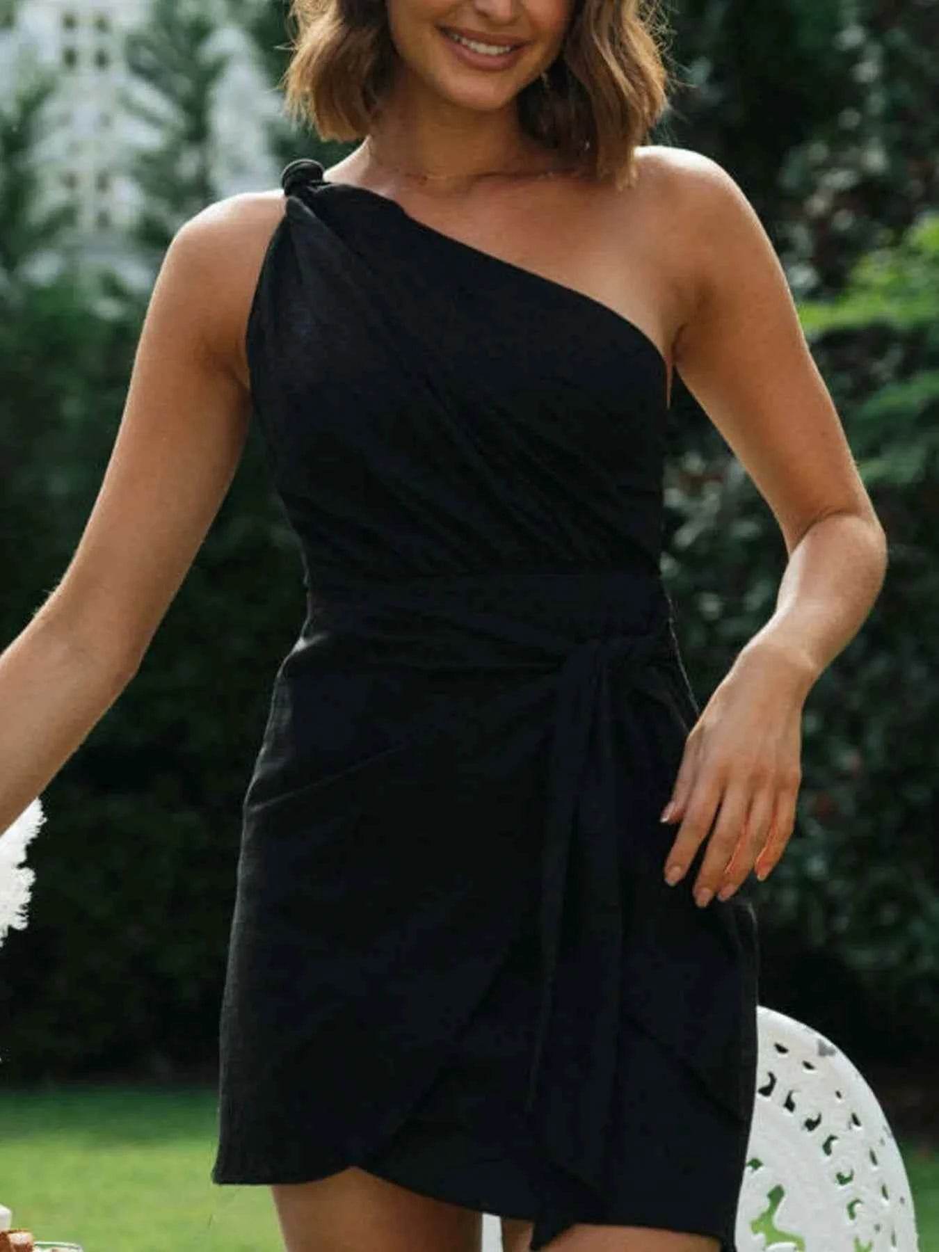 Ruched One-Shoulder Mini Dress.