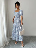 Smocked Printed Short Sleeve Dress.