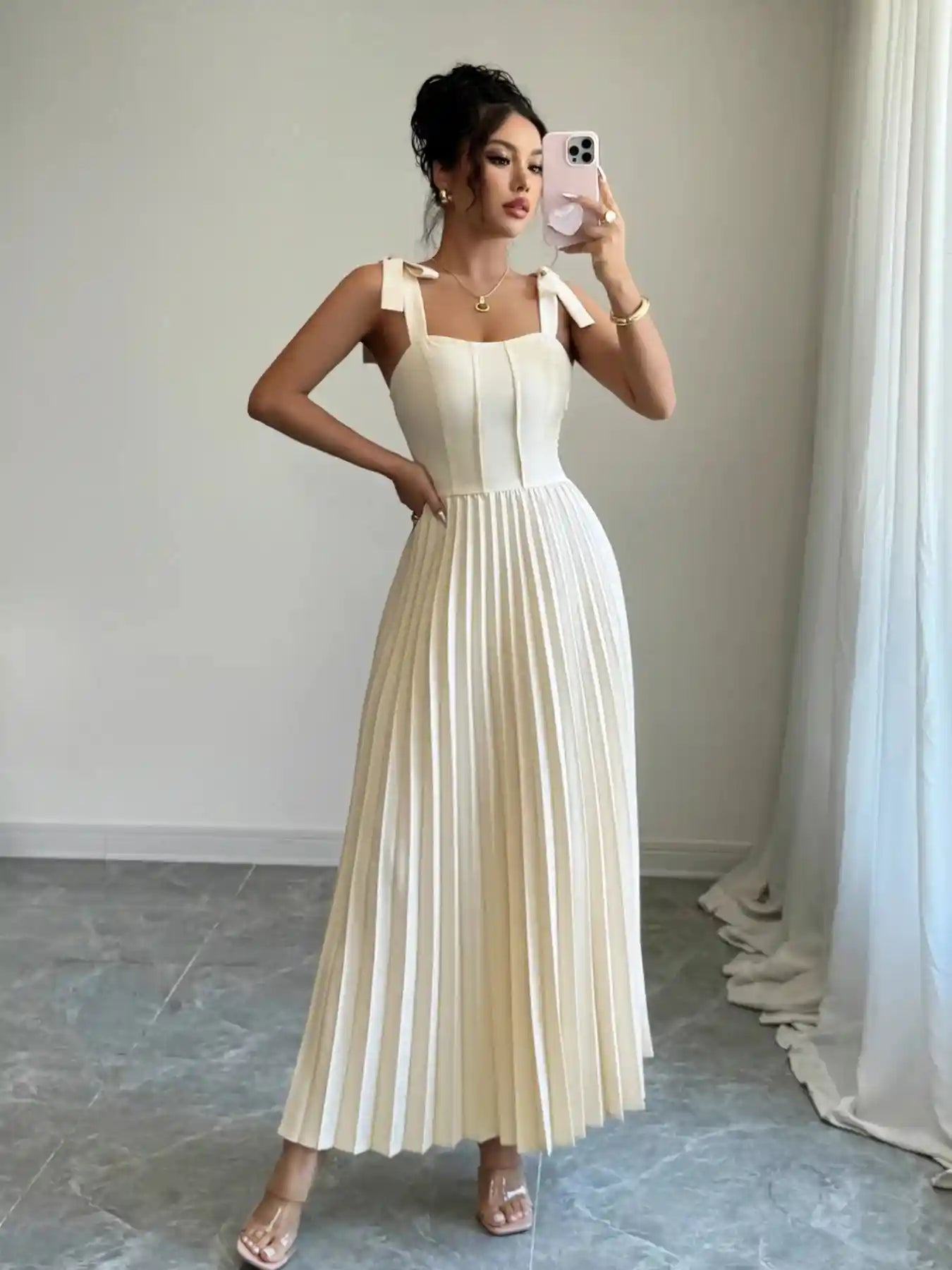 Pleated Tie-Shoulder Maxi Dress.