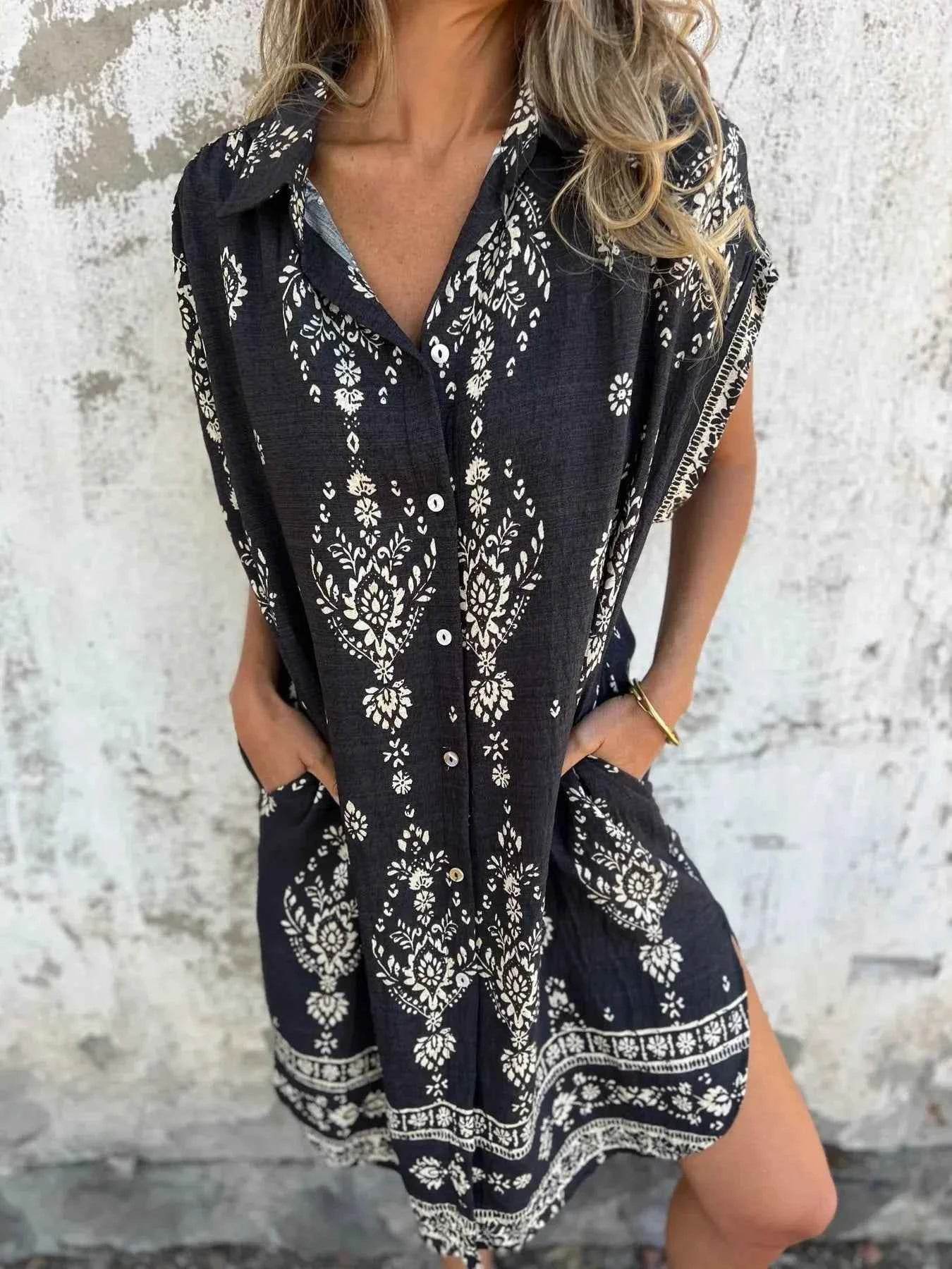 Plus Size Printed Short Sleeve Button-Up Shirt Dress.
