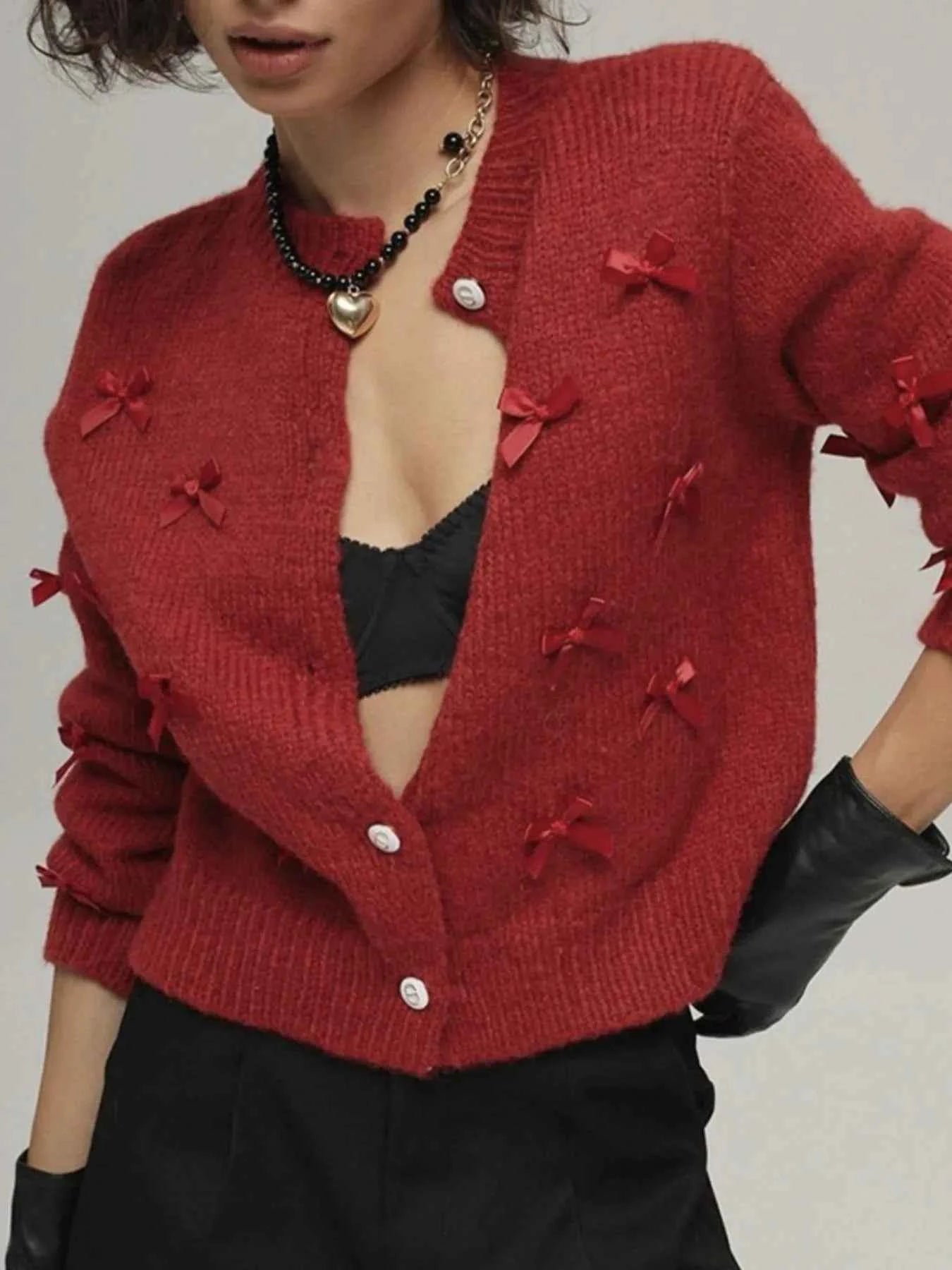 Bow Button Up Long Sleeve Cardigan.