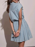 Half Button Striped Cap Sleeve Mini Shirt Dress.