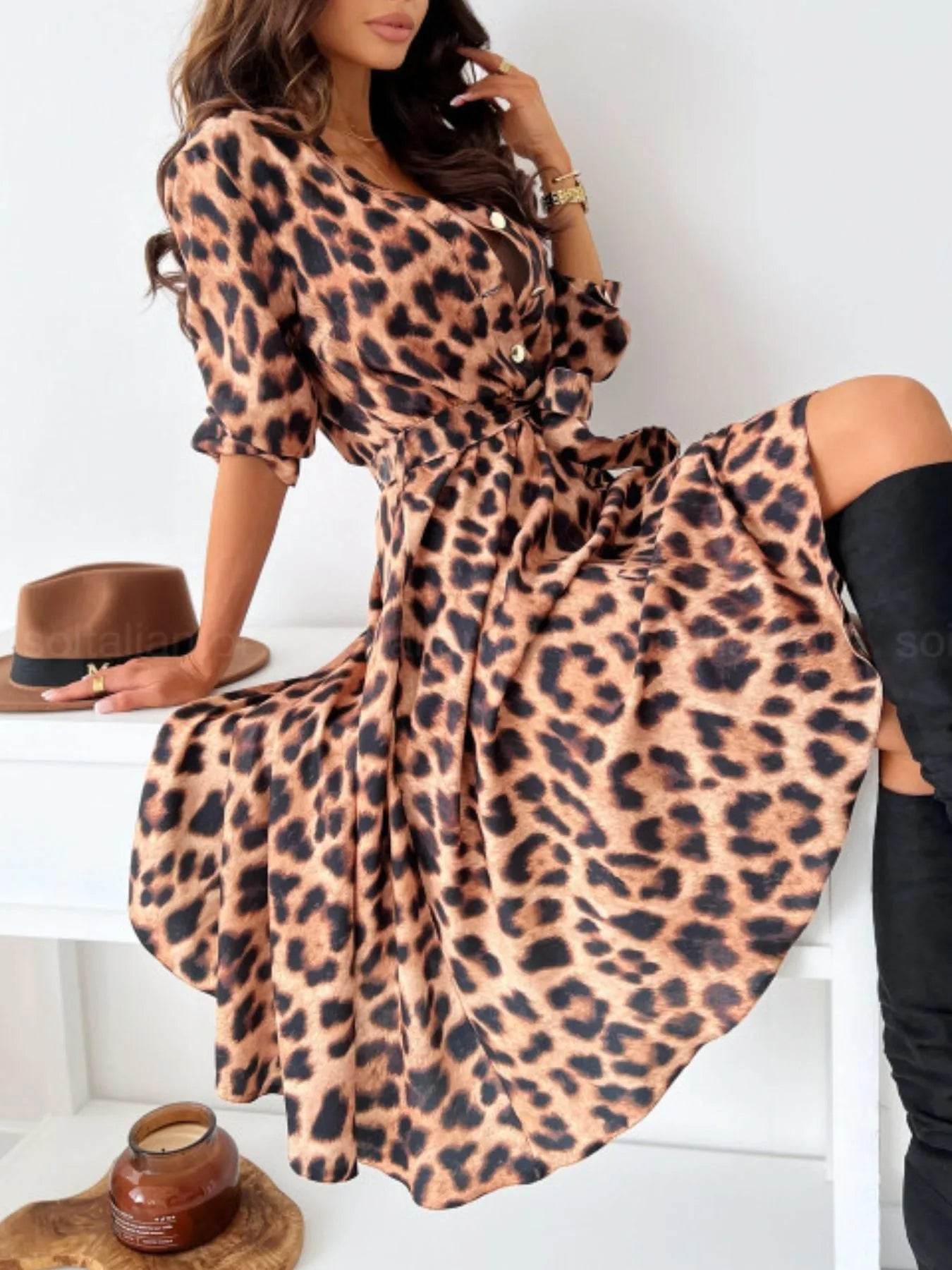 Printed Tie Waist Midi Dress - EBYNN