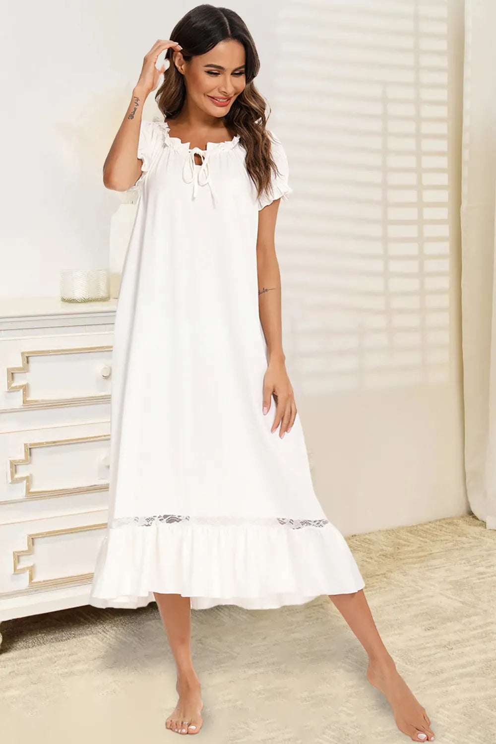 Lace Detail Short Sleeve Lounge Dress.