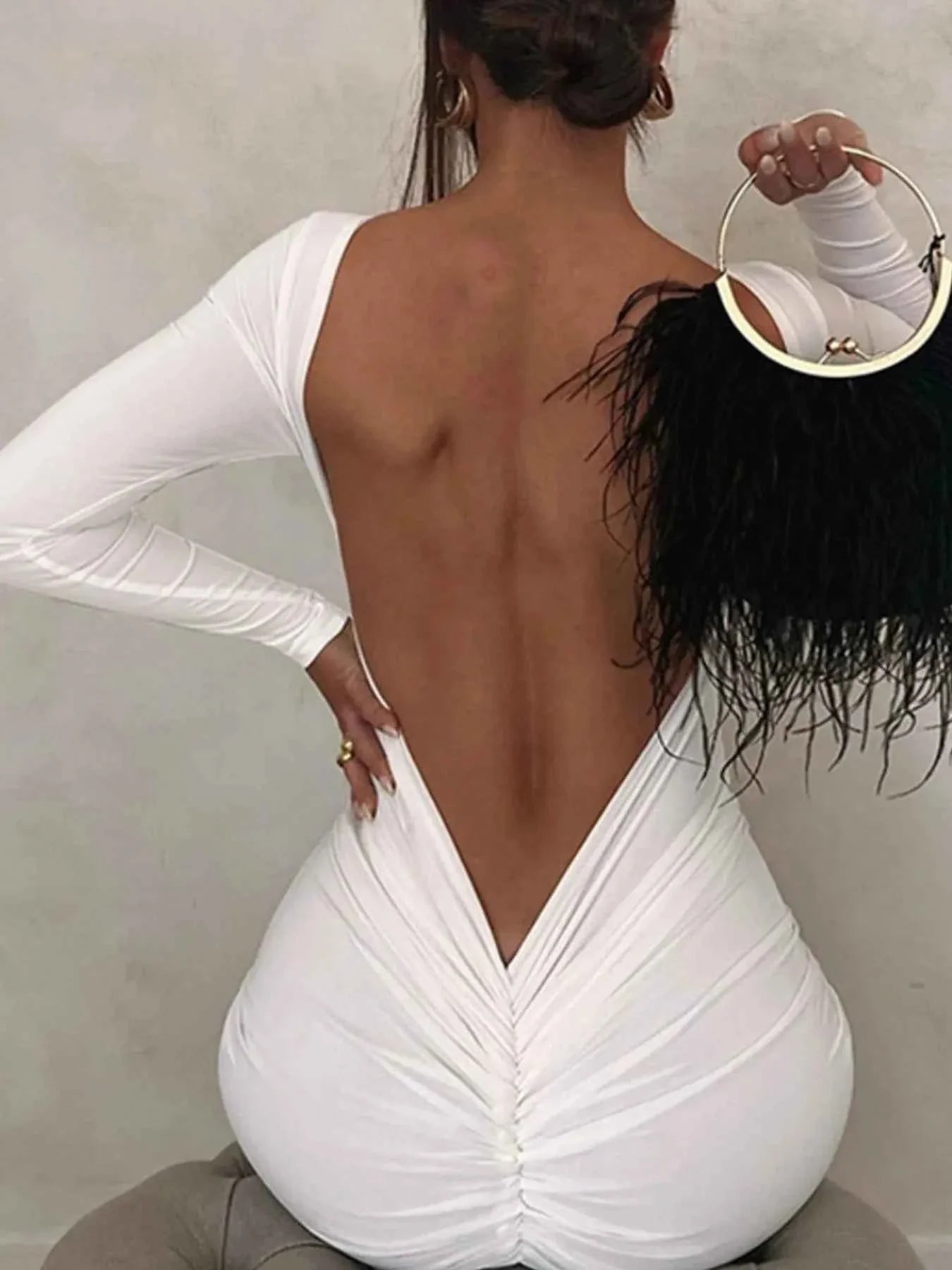 Backless Ruched Long Sleeve Maxi Dress.