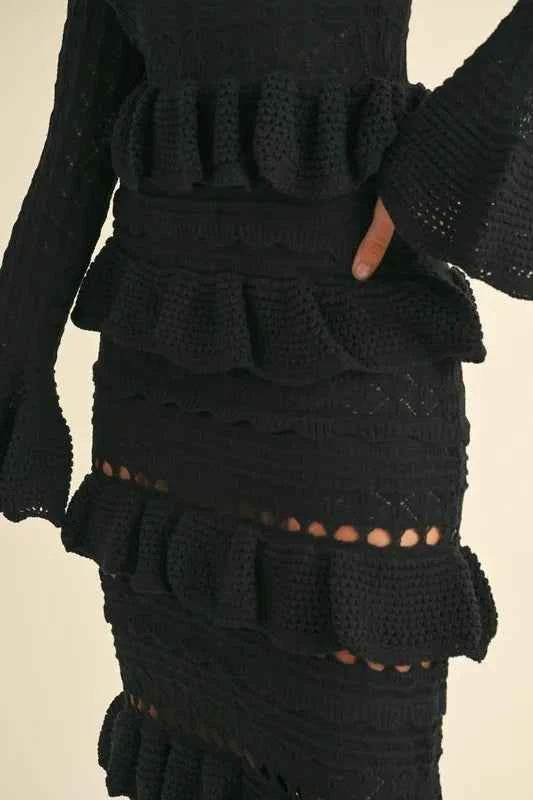 MABLE Long Sleeve Tiered Ruffle Knit Midi Dress.