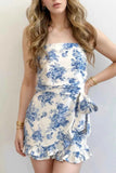 Printed Strapless Ruffle Hem Wrap Romper.