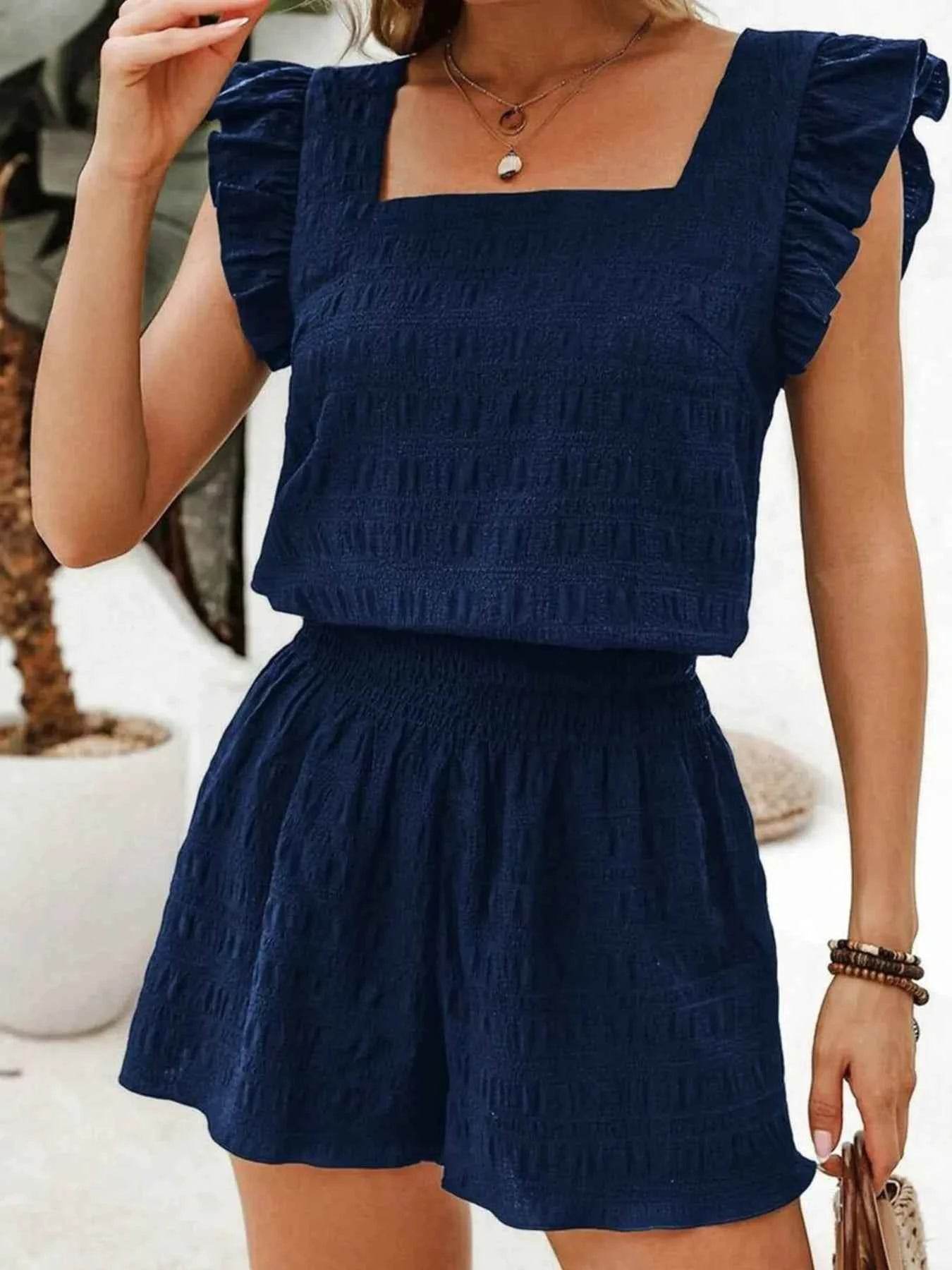 Textured Square Neck Top Set with Shirred High Waist Shorts - EBYNN