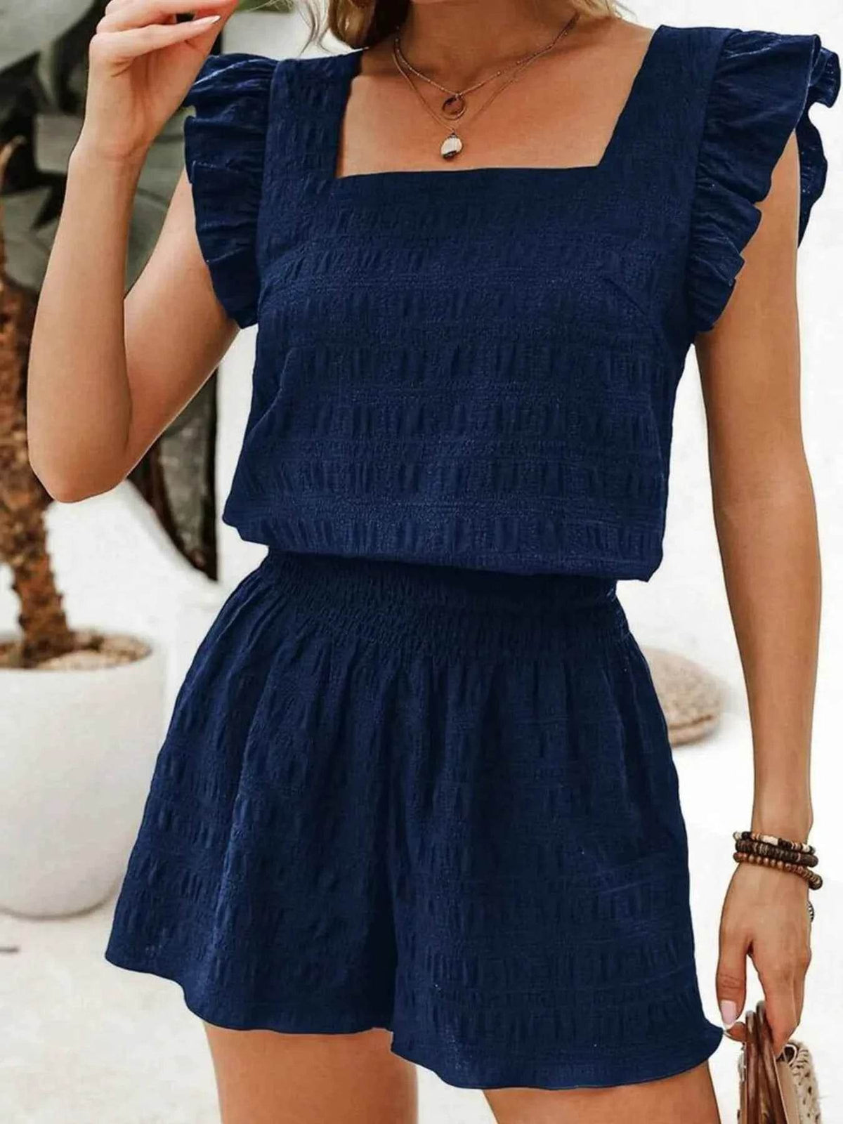 Textured Square Neck Top Set with Shirred High Waist Shorts - EBYNN