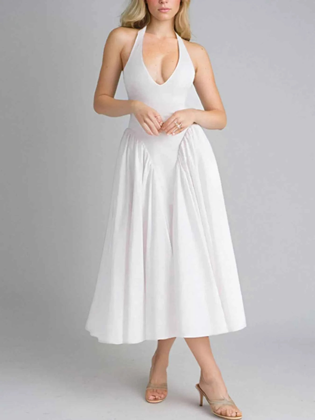 Plus Size Ruched Halter Neck Midi Dress.