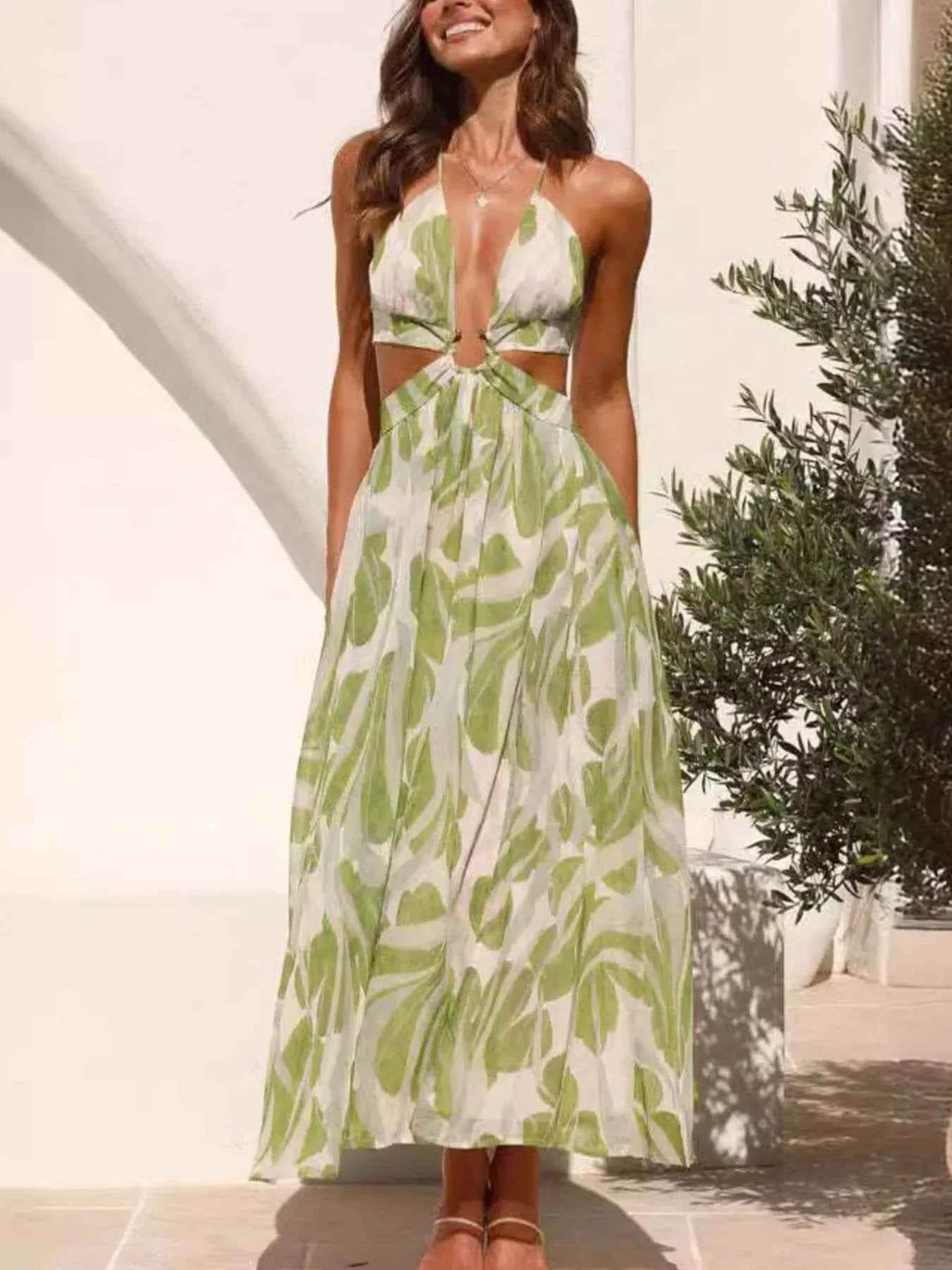 Tropical Print Backless Maxi Sleeveless Dress.