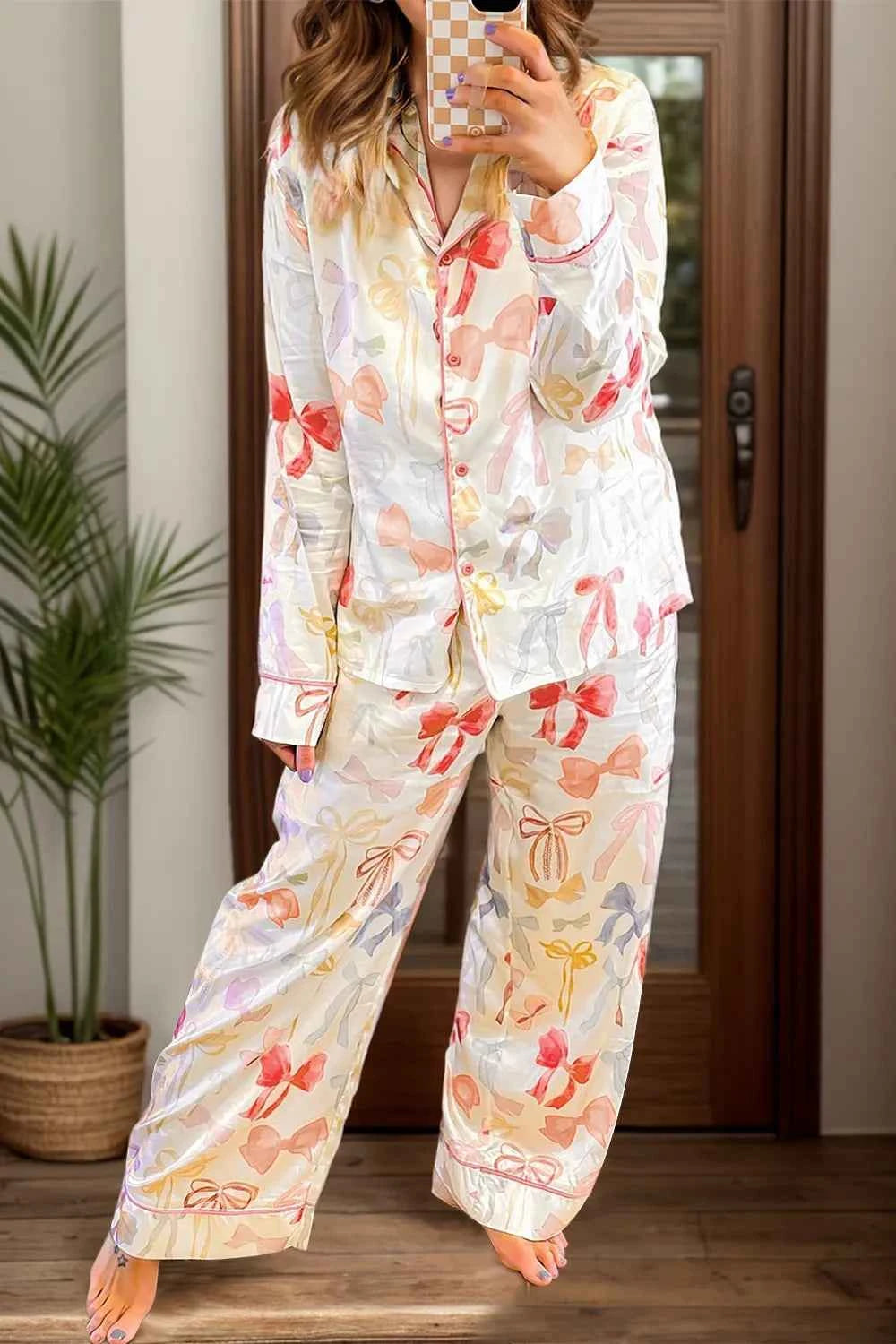 Bow Print Long Sleeve Top and Pants Lounge Set.