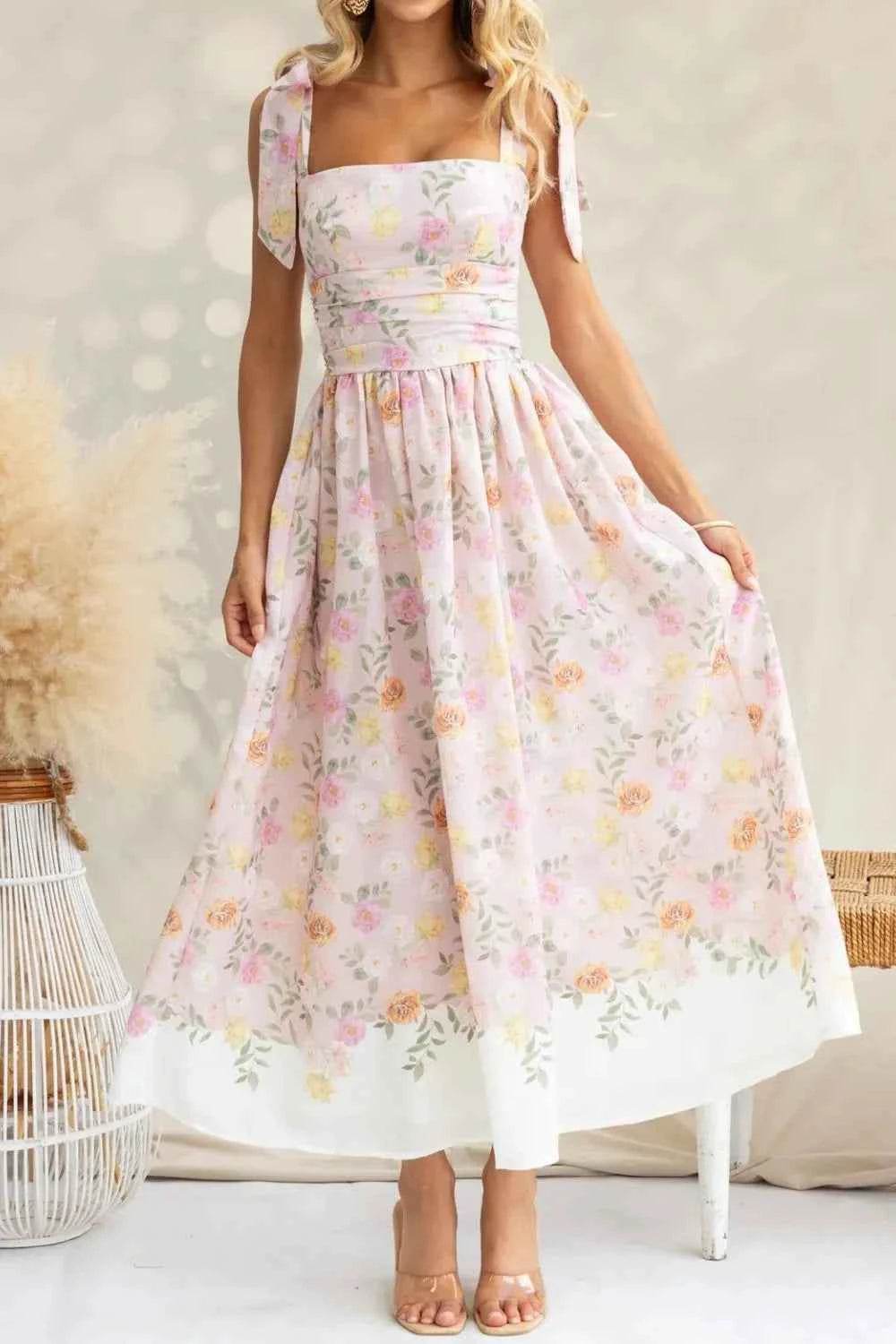 Printed Tie Shoulder Midi Cami Dress.