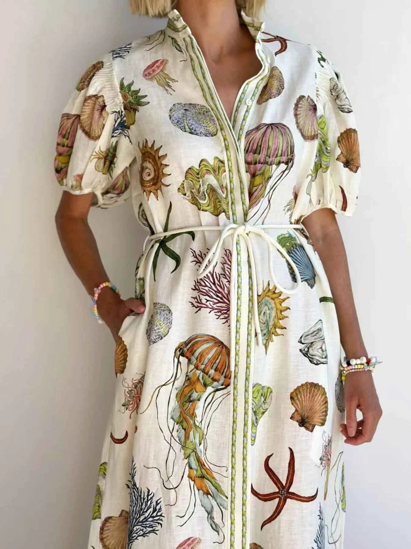 Printed Short Sleeve Shirt Dress.