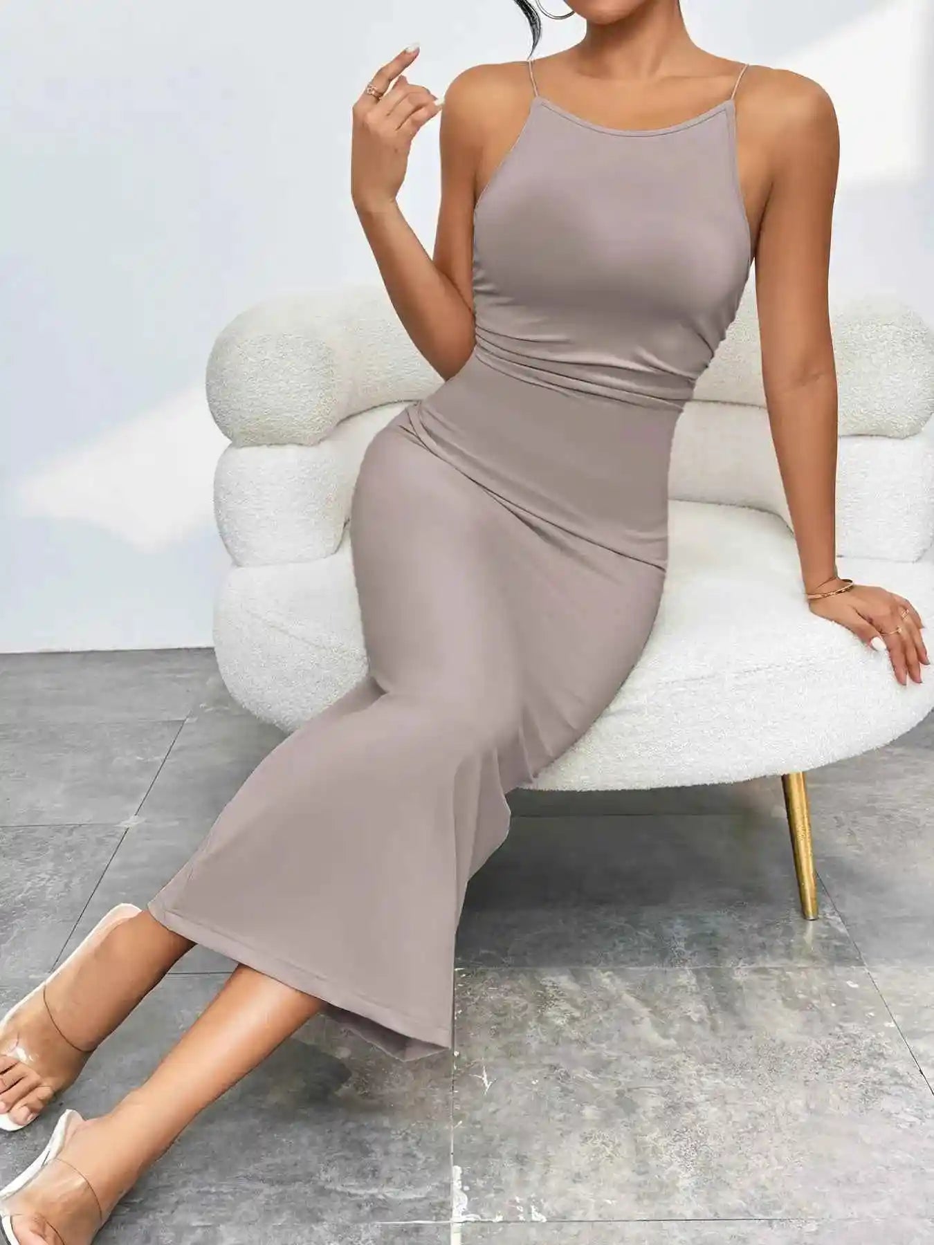 Sleek Spaghetti Straps Midi Bodycon Dress.